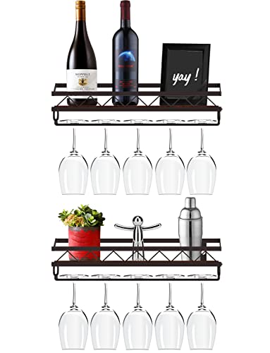 Wine Rack Wall Mounted, Bextcok 2-Pack Wine Glass Rack Wall Mounted Floating Wine Shelf with Glass Holder Champagne Display Storage Rack Wood Rustic for Kitchen Dining Room Bar Decoration, Bronze