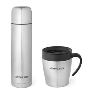 mixpresso coffee flask +coffee mug, stainless steel coffee vacuum flask for hot coffee or cold tea fits car caddy or backpack, leak proof travel mug, 17 ounce coffee thermos