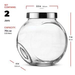 Bormioli Rocco PANDORA Glass Candy Jar 75½-Ounce Cookie Jar (2 Pack) With Plastic Airtight Seal Lid 2-Way Display, Bulk-Food Storage Jar for Snacks, Dry Food, Jelly Beans Canister, Apothecary Jars.