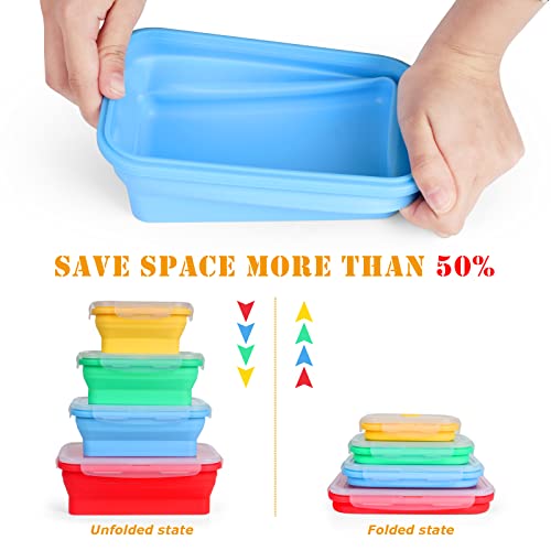 Vech Collapsible Food Storage Container, Set of 4 Silicone Leftover Meal Box for Kitchen, BPA Free Meal Prep Container Bento Lunch Boxes, Microwave Safe. Foldable Thin Bin Design Saves Your Space