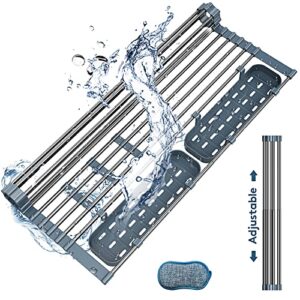 roll up dish drying rack over the sink, stainless steel roll up drain rack, foldable dish drying rack kitchen roll up drainer (b)