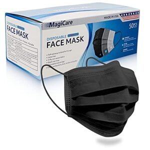 magicare made in usa masks – black face masks disposable – premium 3 ply face mask for adults – comfortable, soft, breathable – black face masks disposable made in usa – 50ct box