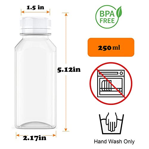 MANSHU 3 Pack 8 OZ Plastic Juice Bottles, Reusable Bulk Beverage Containers, Comes White lid, for Juice, Milk and Other Beverages.