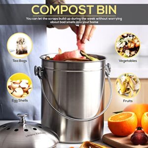 Utopia Kitchen Compost Bin for Kitchen Countertop - 1.3 Gallon Compost Bucket for Kitchen with Lid - Includes 1 Spare Charcoal Filter (Silver)