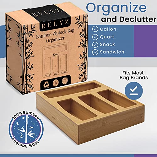 RELYZ Bamboo Ziplock Bag Organizer | Zip Lock Bags Assorted Sizes Organizer - Gallon, Quartz, Snack, Sandwich Bag Holder & Dispenser | Assembled Bamboo Drawer Organizer for Ziplock Bags