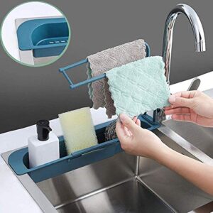 Telescopic Sink Storage Rack Holder Tray Expandable Drain Basket Rack Adjustable Sponge Soap Holder Drainer Sink Tray for Home Kitchen (BLUE)