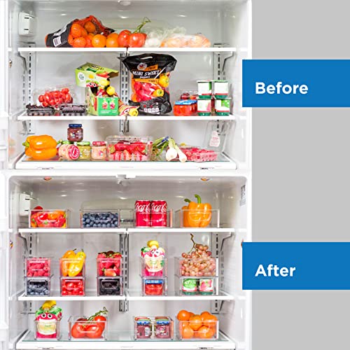 Set Of 6 Refrigerator Organizer Bins - Stackable Fridge Organizers with Cutout Handles for Freezer, Kitchen, Countertops, Cabinets - Clear Plastic Pantry Food Storage Rack