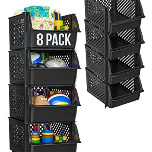 Skywin Plastic Stackable Storage Bins for Pantry - Stackable Bins For Organizing Food, Kitchen, and Bathroom Essentials (Black - 8 Pack)