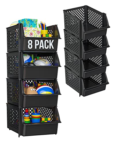 Skywin Plastic Stackable Storage Bins for Pantry - Stackable Bins For Organizing Food, Kitchen, and Bathroom Essentials (Black - 8 Pack)