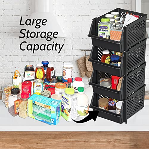 Skywin Plastic Stackable Storage Bins for Pantry - Stackable Bins For Organizing Food, Kitchen, and Bathroom Essentials (Black - 8 Pack)