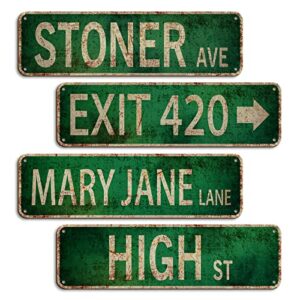 stoner avenue street sign 4 signs of exit 420 /high st /mary jane lane /stoner ave for room decor, duplex printing waterproof trippy room decor for stoners, vintage rustic retro street sign for bedroom