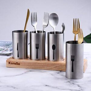 Koralia Home Stainless Steel Flatware & Silverware 3PC 4PC Organizer Organiser Cutlery Holder with Wood Base for Spoons, Forks, Knives – Ideal for Kitchen, Dining, and Much More (4PCS)