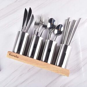 Koralia Home Stainless Steel Flatware & Silverware 3PC 4PC Organizer Organiser Cutlery Holder with Wood Base for Spoons, Forks, Knives – Ideal for Kitchen, Dining, and Much More (4PCS)