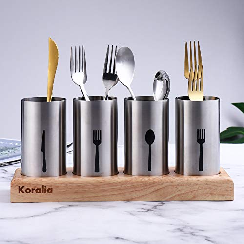 Koralia Home Stainless Steel Flatware & Silverware 3PC 4PC Organizer Organiser Cutlery Holder with Wood Base for Spoons, Forks, Knives – Ideal for Kitchen, Dining, and Much More (4PCS)