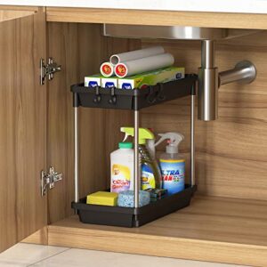 lifewit under sink organizer, 2 tier shelf rack with 4 hooks for bathroom cabinet kitchen countertop office holder storage, multi-purpose baskets holder for space saving, easy assembly, black