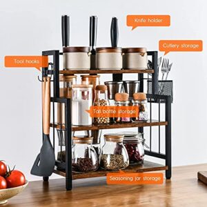 Pierybyt Kitchen Spice Rack Organizer,3-Tier Wooden Spice Organizer with Wire Basket,3 Hooks Countertop Organizer for Kitchen, Bathroom, Office, YKJ-TWJ-0104