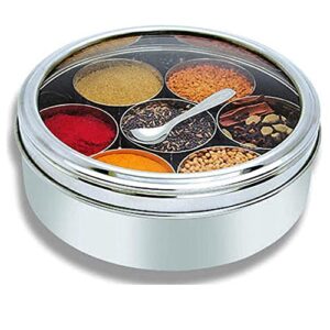king international stainless steel indian spice box, indian see through masala dabba, masala box,steel masala dabba, indian spice container, with 7 spice containers size 20 x 20 x 8 cm, set of 9