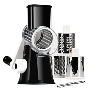 rotary cheese grater with handle – vegetable slicer shredder grater for kitchen 3 interchangeable blades with a stainless steel peeler