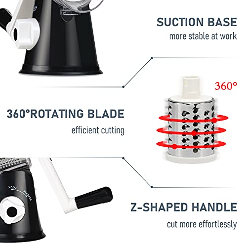 Rotary Cheese Grater with Handle - Vegetable Slicer Shredder Grater for Kitchen 3 Interchangeable Blades with a Stainless Steel peeler