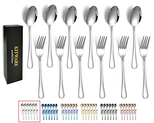 Kitware 12 Pices Fork and Spoons Silverware Set for 6, Stainless Steel Flatware Cutlery, Mirror Polished Kitchen Utensil for Home, Outdoor, Hiking, BBQ