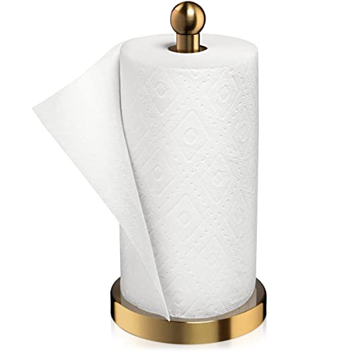 Modern Touch Accents Paper Towel Holder – Hand Towel Dispenser with Weighted Non-Slip Base for Kitchen, Countertop, Bathroom & Hotels - Easy One-Handed Tear Toilet Paper Roll Holder (Brushed Gold)