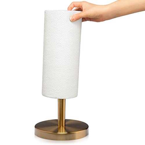 Modern Touch Accents Paper Towel Holder – Hand Towel Dispenser with Weighted Non-Slip Base for Kitchen, Countertop, Bathroom & Hotels - Easy One-Handed Tear Toilet Paper Roll Holder (Brushed Gold)