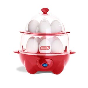 dash deluxe rapid egg cooker for hard boiled, poached, scrambled eggs, omelets, steamed vegetables, dumplings & more, 12 capacity, with auto shut off feature – red