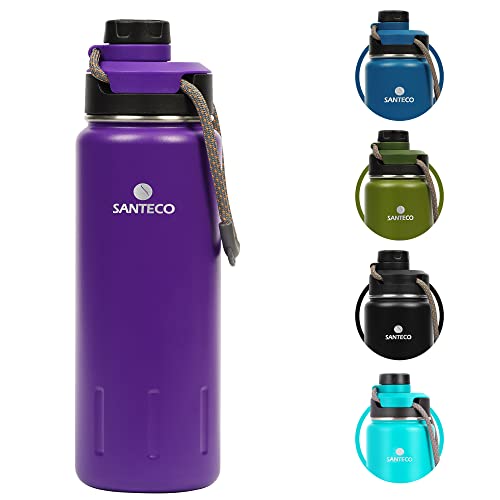 SANTECO Insulated Water Bottles 24 oz, Stainless Steel Thermos with Lanyard & Wide Mouth Spout Lid, Leak Proof, Double Wall Vacuum Water Bottle, Keep Drinks Hot & Cold for Hiking Camping - Purple