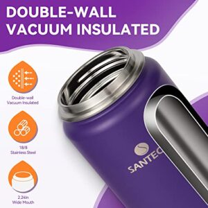 SANTECO Insulated Water Bottles 24 oz, Stainless Steel Thermos with Lanyard & Wide Mouth Spout Lid, Leak Proof, Double Wall Vacuum Water Bottle, Keep Drinks Hot & Cold for Hiking Camping - Purple