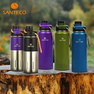 SANTECO Insulated Water Bottles 24 oz, Stainless Steel Thermos with Lanyard & Wide Mouth Spout Lid, Leak Proof, Double Wall Vacuum Water Bottle, Keep Drinks Hot & Cold for Hiking Camping - Purple