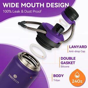 SANTECO Insulated Water Bottles 24 oz, Stainless Steel Thermos with Lanyard & Wide Mouth Spout Lid, Leak Proof, Double Wall Vacuum Water Bottle, Keep Drinks Hot & Cold for Hiking Camping - Purple