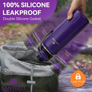 SANTECO Insulated Water Bottles 24 oz, Stainless Steel Thermos with Lanyard & Wide Mouth Spout Lid, Leak Proof, Double Wall Vacuum Water Bottle, Keep Drinks Hot & Cold for Hiking Camping - Purple