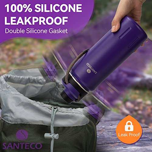 SANTECO Insulated Water Bottles 24 oz, Stainless Steel Thermos with Lanyard & Wide Mouth Spout Lid, Leak Proof, Double Wall Vacuum Water Bottle, Keep Drinks Hot & Cold for Hiking Camping - Purple