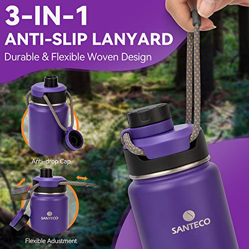 SANTECO Insulated Water Bottles 24 oz, Stainless Steel Thermos with Lanyard & Wide Mouth Spout Lid, Leak Proof, Double Wall Vacuum Water Bottle, Keep Drinks Hot & Cold for Hiking Camping - Purple