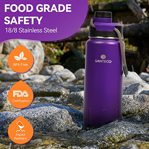 SANTECO Insulated Water Bottles 24 oz, Stainless Steel Thermos with Lanyard & Wide Mouth Spout Lid, Leak Proof, Double Wall Vacuum Water Bottle, Keep Drinks Hot & Cold for Hiking Camping - Purple