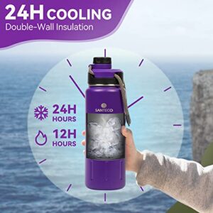 SANTECO Insulated Water Bottles 24 oz, Stainless Steel Thermos with Lanyard & Wide Mouth Spout Lid, Leak Proof, Double Wall Vacuum Water Bottle, Keep Drinks Hot & Cold for Hiking Camping - Purple