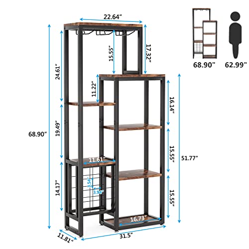 Tribesigns Wine Rack Freestanding Floor, 5-Tier Wine Baker Rack with Glass Holder & Wine Storage, Industrial Wine Display Shelf Wine Bar Cabinet for Bar, Kitchen, Dining Room, Rustic Brown