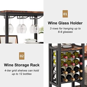 Tribesigns Wine Rack Freestanding Floor, 5-Tier Wine Baker Rack with Glass Holder & Wine Storage, Industrial Wine Display Shelf Wine Bar Cabinet for Bar, Kitchen, Dining Room, Rustic Brown