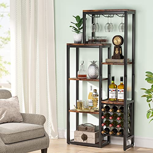 Tribesigns Wine Rack Freestanding Floor, 5-Tier Wine Baker Rack with Glass Holder & Wine Storage, Industrial Wine Display Shelf Wine Bar Cabinet for Bar, Kitchen, Dining Room, Rustic Brown