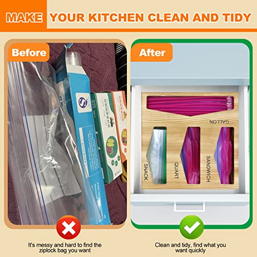 Ziploc Bag Storage Organizer for Drawer-Wood Ziplock Bag Storage Holds Gallon, Quart, Snack Sizes, Sandwich Compatible with Hefty, Glad, Ziploc and Reusable (Natural)