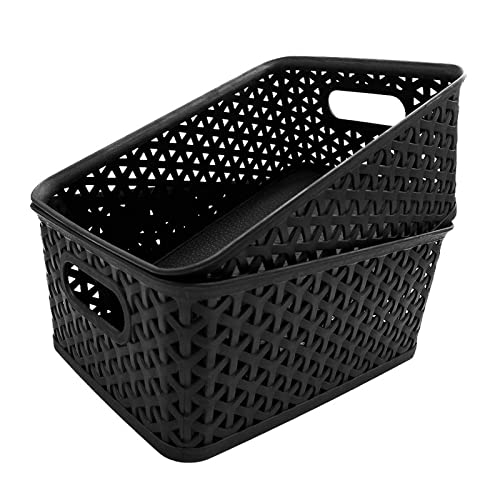 2 Pcs Plastic Storage Baskets,Pantry Organization and Storage Bins,Household Organizers Open Storage Bins for Kitchen,Bathroom,Shelves,Closet,Black