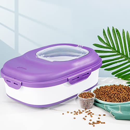 SUT Foldable Food Storage Container with Measuring Cup, Lid&Wheels, 15 Lbs Dog Cat Pet Food Storage Container, 30 Lbs Airtight Cereal Flour Rice Storage Container, Leakproof Sealable Dry Holder,Purple