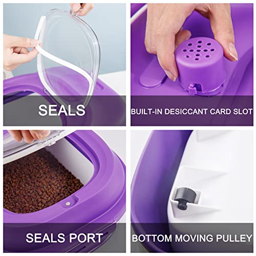 SUT Foldable Food Storage Container with Measuring Cup, Lid&Wheels, 15 Lbs Dog Cat Pet Food Storage Container, 30 Lbs Airtight Cereal Flour Rice Storage Container, Leakproof Sealable Dry Holder,Purple