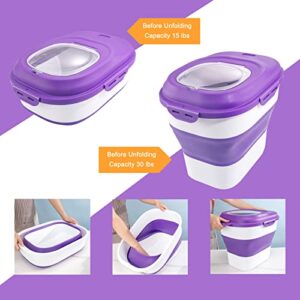 SUT Foldable Food Storage Container with Measuring Cup, Lid&Wheels, 15 Lbs Dog Cat Pet Food Storage Container, 30 Lbs Airtight Cereal Flour Rice Storage Container, Leakproof Sealable Dry Holder,Purple