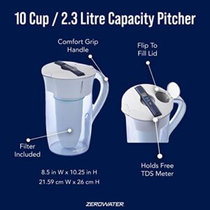 ZeroWater 10-Cup Round Water Filter Pitcher - NSF Certified 0 TDS Water Filter to Remove Lead, Heavy Metals, PFOA/PFOS, Improve Tap Water Taste