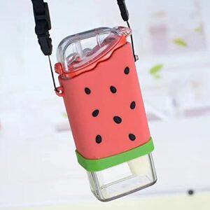 Cute Water Bottle for Kids, Unique Ice Cream Shape water cup, Kawaii Popsicle Shaped Plastic Kettle with Straw, Adjustable Shoulder Strap, BPA free, Leakproof, 10oz, Watermelon