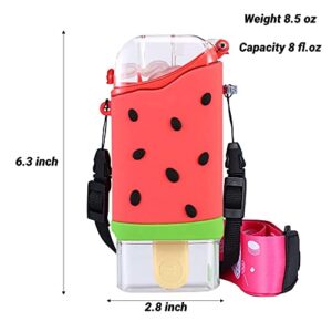 Cute Water Bottle for Kids, Unique Ice Cream Shape water cup, Kawaii Popsicle Shaped Plastic Kettle with Straw, Adjustable Shoulder Strap, BPA free, Leakproof, 10oz, Watermelon