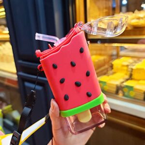 Cute Water Bottle for Kids, Unique Ice Cream Shape water cup, Kawaii Popsicle Shaped Plastic Kettle with Straw, Adjustable Shoulder Strap, BPA free, Leakproof, 10oz, Watermelon