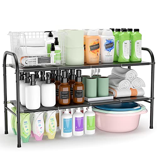 Summer&Kiss Expandable Under Sink Organizers and Storage，2-Tier Cabinet Metal Shelf Organizer with 8 Removable Panels, Black Under Sink Storage Rack for Kitchen Bathroom