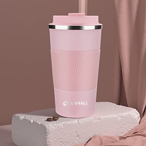 AQUAPHILE Reusable Coffee Cup, Coffee Travel Mug with Leak-proof Lid, Thermal Mug Double Walled Insulated Cup, Stainless Steel Portable Cup with Rubber Grip, for Hot and Cold Drinks(New-Pink, 12 Oz)